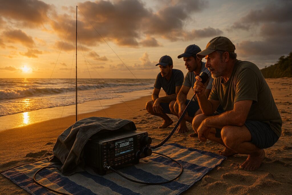 Radioamador montando antena na areia ao pôr do sol, rádio portátil ligado, ondas ao fundo.