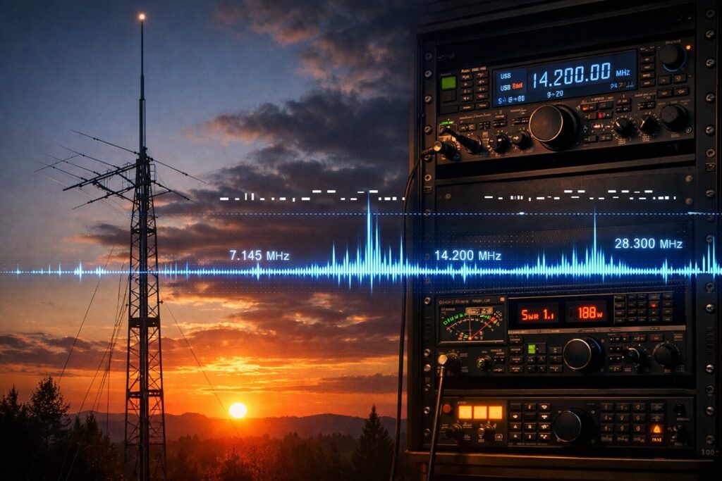 Estação beacon de radioamador transmitindo sinais contínuos com antena vertical e monitoramento de propagação em tempo real.